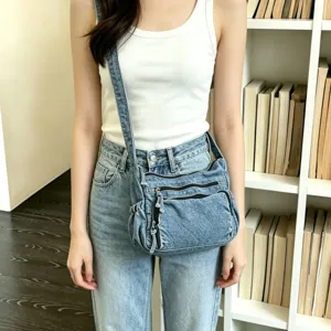 Vintage τσάντα χιαστί από denim με πολλαπλές τσέπες με φερμουάρ για καθημερινή χρήση.