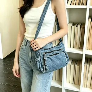 Vintage τσάντα ώμου denim casual τσάντα χιαστί με πολλές τσέπες για γυναίκες κομψή