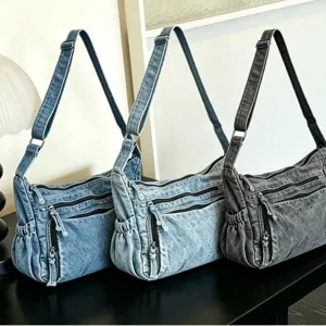 Vintage τsάντα ώμου denim για γυναίκες casual τσάντα crossbody με πολλές τσέπες καθημερινή