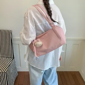 Bolso de hombro de cuero suave rosa detalle, bolso de mano casual de moda para mujer.