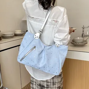 Chic light blue star print shoulder tote bag, stylish commuter underarm bag for daily wear.