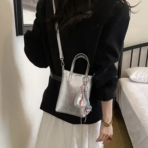 Metallic silver small shoulder bag, chic crossbody phone bag with heart mirror and cute dice