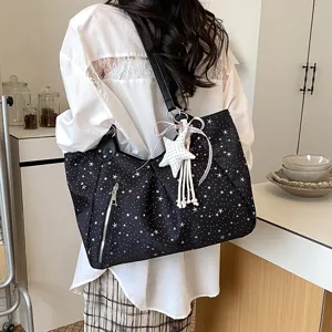 Chic black star print shoulder tote bag with cute pendant for women commuting daily wear style