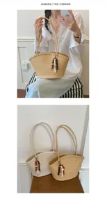 Modische Sommer geflochtene Tasche für Damen, große Schulter Eimer Tasche mit Perlen.