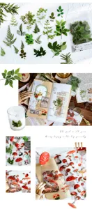 Detailed view of vintage botanical PET stickers featuring various leaf and mushroom designs.