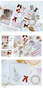 Detailed view of aesthetic PET sticker pack featuring cute bows, lace, and journaling supplies.