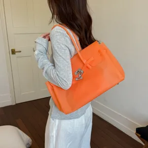Πορτοκαλί τσάντα ώμου shopper κομψή μινιμαλιστική casual PU δερμάτινη τσάντα γυναίκα