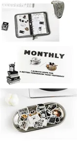 Vintage black and white planner stickers set, DIY journaling decorative stickers and binder notebook.