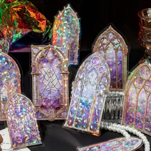 Vintage holographic PET stickers pack with stained glass window designs for journaling and crafts.