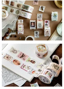 Vintage postage stamp washi tape set for journal DIY decoration, floral plant masking tape.