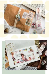 Detail view of vintage stamp washi tape and floral collage stickers on craft paper background.