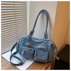 Damen Jeans Schultertasche mit mehreren Taschen, vintage washed Handtasche für Alltag.