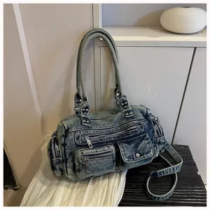 Vintage gewaschene Denim Schultertasche Damen lässige Mehrfachtaschen Handtasche