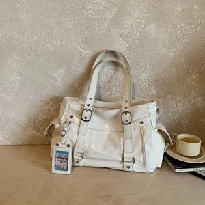 Borsa tote in ecopelle verniciata bianca con doppi manici, grande borsa a spalla da donna.