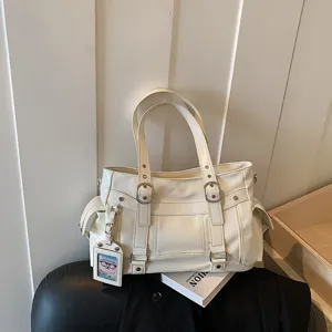 Grande borsa a spalla shopper bianca da donna, elegante borsa da lavoro con fibbie in metallo.