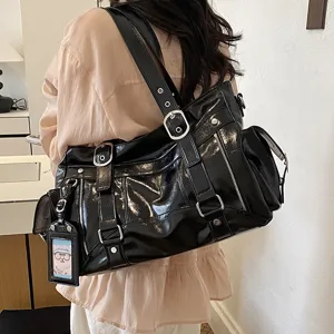 Borsa a tracolla nera grande capacità donna moda tote elegante in pelle PU borsa