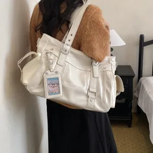 Borsa a spalla in pelle verniciata bianca capiente da donna, elegante tote bag casual