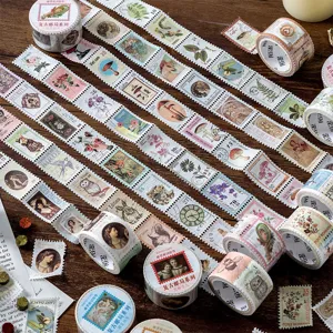 Vintage Stamp Botanical Floral Washi Tape Die-Cut Journaling Decorative Masking Tape Roll For DIY Scrapbooking Crafts