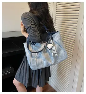 Women fashion large capacity vintage leather shoulder tote bag for casual daily handbag