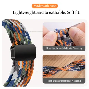 Braided magnetic watch strap detail, breathable nylon material, soft and comfortable fit.