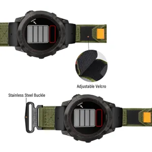 Nylon woven sports watch band replacement with adjustable velcro and durable stainless steel buckle.