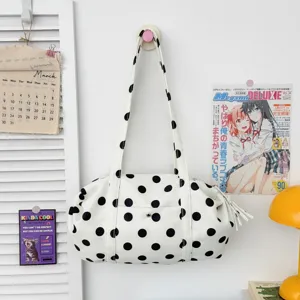 Borsa a tracolla donna casual bianca con pois neri elegante borsa da giorno chic.