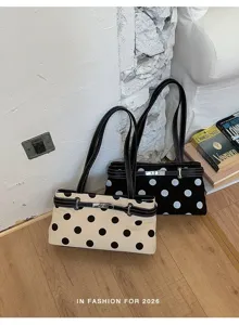 Sac épaule chic à pois pour femme, élégant sac à main vintage de banlieue avec serrure sécurisée.