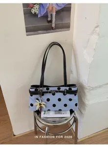 Sac à épaule bleu à pois élégant pour femme, sac à main de style chic pour le travail quotidien.