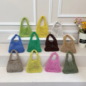 Colorful woven mesh shoulder bag, casual knitted handbag, stylish hobo bucket bag for women.