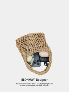 Minimalist crochet woven underarm bucket bag for women, chic knit casual shoulder handbag.
