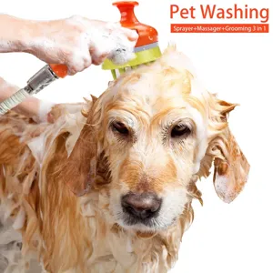 3-in-1 pet bathing tool with sprayer, massager, and grooming brush for dogs and cats.