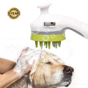 Electric pet bath shower head with massage brush for dogs and cats bathing, detail view.