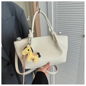 Sac bandoulière minimaliste en cuir avec charm cheval mignon, élégant sac fourre-tout