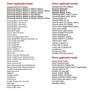 Compatibility list details showing watch band sizes 18mm 20mm 22mm for various smartwatches.