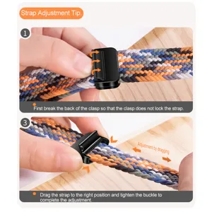 Braided nylon watch strap adjustment guide showing clear step by step operating instructions.