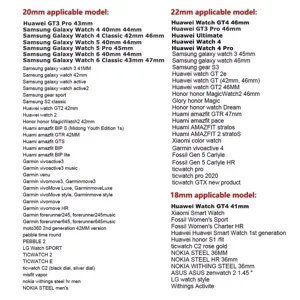 Compatibility list detail for 20mm 22mm 18mm watch bands showing supported smartwatches.
