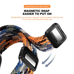 Braided nylon watch strap detail view, featuring secure magnetic buckle and colorful weave.