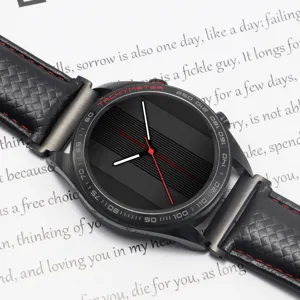 Smartwatch black woven leather strap detail view with tachymeter bezel and metallic case