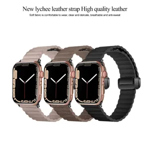 Magnetic folding buckle lychee leather strap compatible with watch, breathable design in multi colors.