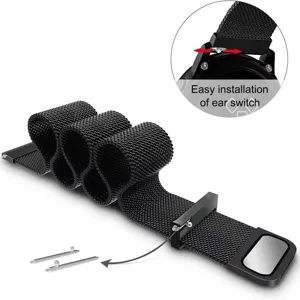 Black Milanese mesh watch band detail view showing quick release pin installation feature.