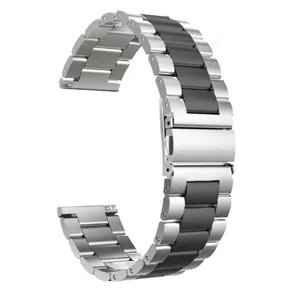 Stainless steel and black metal link replacement watch band close up detail design.