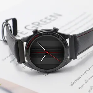 Detailed close-up shot of a black tactical sports watch with textured leather strap.