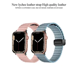 Magnetic folding buckle lychee leather watch strap compatible with Apple Watch Ultra series 8 7 6.
