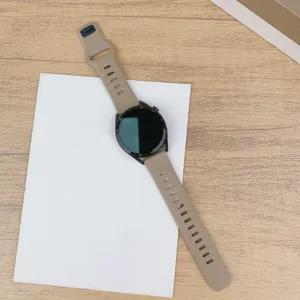 Silicone watch strap detail view, breathable hole design, khaki color replacement band closeup.