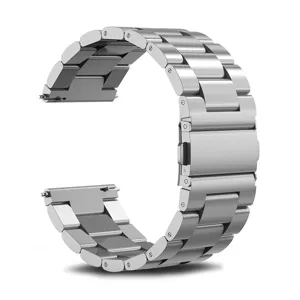 Stainless steel watch strap detail, silver metal link band close-up view and clasp.