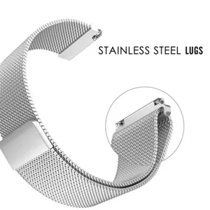 Stainless steel mesh watch band detail view featuring quick release lugs and metal clasp.