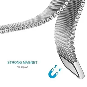 Stainless steel mesh watch band detail showing fine woven metal texture and strong magnetic clasp.