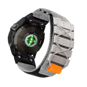 Replacement nylon woven sports watch strap compatible with Garmin Fenix series, gray loop band.