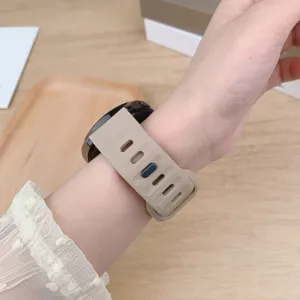 Silicone watch strap detail closeup, khaki color, breathable holes, comfortable daily wear design.
