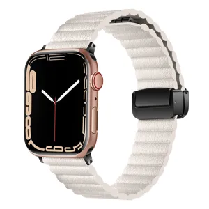 Smart Watch Leather Band Magnetic Folding Buckle Watch Strap Water Ripple Replacement Wristband For Men Women